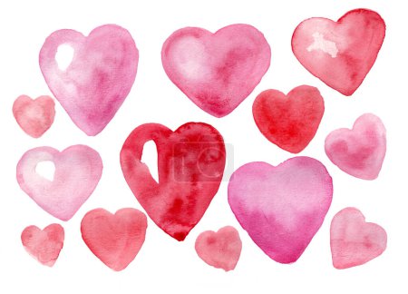 Photo for Set of hearts of different shapes and sizes. Isolated on white background. Different colors and shades of red, pink, purple. Watercolor blur. Gentle and soft textures. Love, wedding, Valentine's Day. - Royalty Free Image