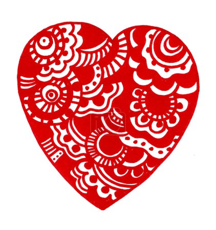 Photo for Heart isolated on white background. Red and white. Filled with ornament in doodle style. Lines, circles, dots, waves and other decor. Symbol of love, sticker, sign, postcard, Valentine's Day. - Royalty Free Image