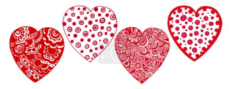 Photo for Set four hearts isolated on white background. Red color. Doodle style. Each heart has different decoration. Circles, dots, lines, spirals, waves. Stickers, symbols of love, pacifiers. Valentine's Day. - Royalty Free Image