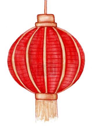 Photo for Chinese traditional lantern isolated on white background. Red color with gold decoration. Round cylindrical shape. Watercolor blur. Thin strips. Asian culture. New Year by lunar calendar. - Royalty Free Image