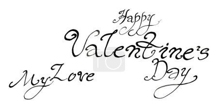 Photo for Words of Happy Valentine's Day and My Love. Phrases are written in black. Isolated on white background. Italic font. Long twisted lines in letters. Greetings, postcard, note. Written by hand. - Royalty Free Image