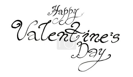 Photo for Happy Valentine's Day phrase. Isolated on white background. In black color. Italic font. Twisted serifs. Long lines in letters that have lower elements. Rounded letter forms. Lettering, greetings. - Royalty Free Image