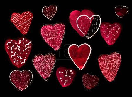 Photo for Red hearts are different in size and shape. Watercolor chaotic spots. Filled with various decor with a white outline. Lines, circles, spirals, arrows and hearts. Doodle. Isolated on black background. - Royalty Free Image