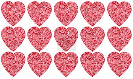 Photo for Pattern of red hearts on a white background. Hearts are filled with various ornaments. Doodle. Circles, dots, lines of different thicknesses, strokes, curls. Valentine's Day, symbols of love. - Royalty Free Image
