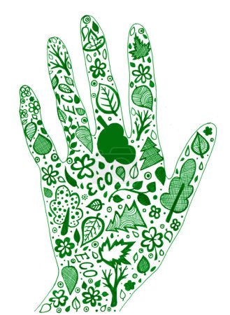 Photo for Silhouette of hand palm with environmental symbols. Doodle. Green color. Isolated on white background. The hand has green outline. Filled with various leaves, trees, dots, ECO words. Strokes and lines - Royalty Free Image