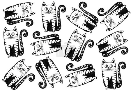Photo for A set of stylized cats. Drawing in black color on a white background. A striped cat with a tail twisted into a spiral. He looks at us, smiles a little. Cats are chaotically arranged. Pet friendly. - Royalty Free Image
