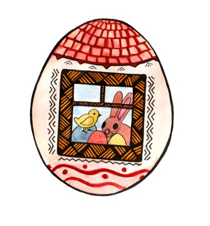 Photo for Easter egg. Isolated on white background. There is an illustration on the egg. A house with a roof and a window. In the small window, you can see the Easter bunny and the chick among the Easter eggs. - Royalty Free Image