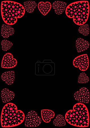 Photo for Frame of red hearts on black background. Hearts in doodle style. Two types of repeating elements. Different sizes. Red contour of different thickness. The middle of hearts is filled with various dots. - Royalty Free Image
