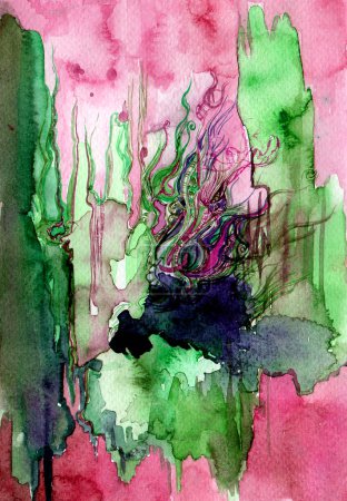 Photo for Abstract illustration of different spots, shapes and colors. Watercolor. In center are small details of thin lines. Chaotic spots, watercolor blur. Different shades of pink and green. Dark blue spots. - Royalty Free Image