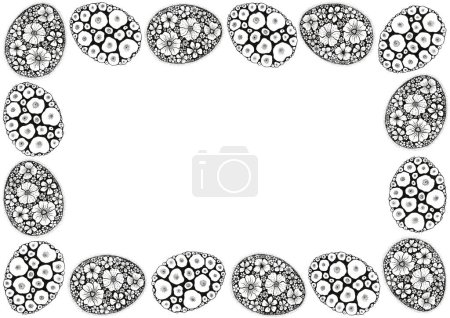 Frame of Easter eggs filled with floral ornament. Two types of Easter eggs. With realistic flowers and with decorative ones. Drawing with a black outline. White background and copy space. Doodle.
