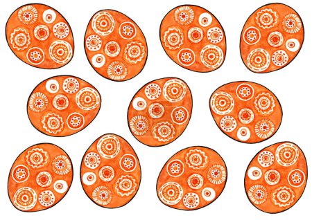 Set of Easter eggs filled with ornaments. Orange color with a black outline. The ornament consists of circles filled with lines, dots, and zigzags. Watercolor. Isolated on white background.