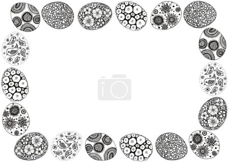 Frame of Easter eggs filled with various ornaments. Black outline on a white background. Doodle. Ornament of flowers, birds, decorative and geometric elements. Lines, circles, dots. White copy space.