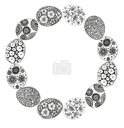 Round frame of Easter eggs. The eggs are filled with various ornaments. Flowers, birds, geometric elements, stars, circles, dots. Doodle. Drawing with black outline. White background and copy space.