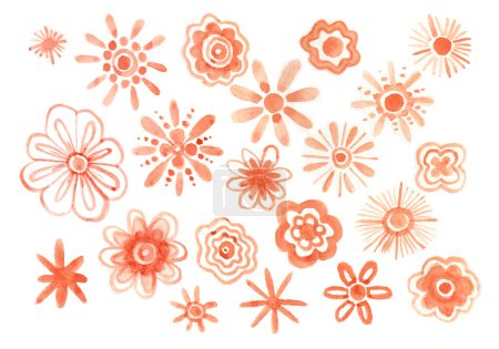 Decorative flowers of peach fuzz color isolated on a white background. Gentle watercolor painting. Flowers consist of lines, circles, dots, wavy lines. Decorative petals. Different shades.