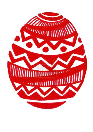The Easter egg is filled with a red geometric ornament. Isolated on white background. Lines of different thickness. Zigzags, circles, triangles. Doodle.
