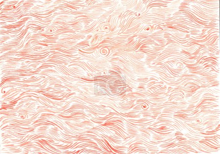 Abstract texture background. Decorative waves of delicate thin lines and curls of different lengths, sizes. Lines of peach fuzz color on white background. Watercolor. Different shades of peach color.