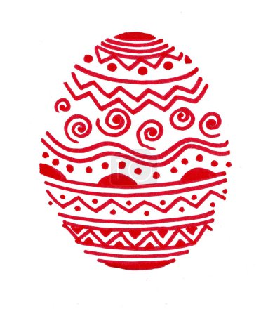 El óvalo está lleno de varios ornamentos. Líneas rojas sobre fondo blanco. Huevo de Pascua. Decoración geométrica de líneas, zigzags, puntos, espirales, ondas. Símbolo de Pascua. Doodle..