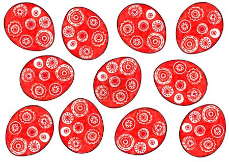 Set of Easter eggs filled with ornaments. Red color with a black outline. The ornament consists of circles filled with lines, dots, and zigzags. Watercolor. Isolated on white background.