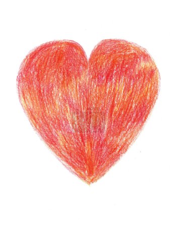 Heart isolated on white background. Freehand drawing with colored pencils. Different shades of orange, red, yellow. Childrens drawing, postcard, greetings. Mothers Day, love, emotions.