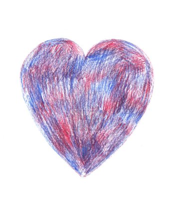 Heart isolated on white background. Freehand drawing with colored pencils. Different shades of blue, pink, purple. Childrens drawing, postcard, greetings. Fathers Day, love, emotions.