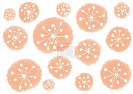 Abstrakter Hintergrund von dekorativen Elementen auf Weiß. Kreise unterschiedlicher Größe sind Pfirsichfussel. Weißer Punkt in der Mitte jedes Elements. Es hat viele dünne Linien, die auch mit einem Punkt enden. Blume, Flaum.