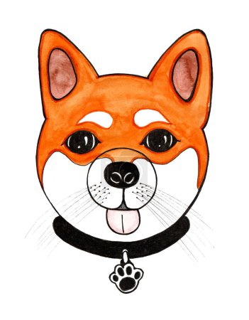 Porträt eines Hundes. Shiba Inu Rasse. Stilisierte Illustration isoliert auf weißem Hintergrund. Aquarell und schwarzer Umriss. Orangefarben. Schaut nach vorne. Vorstehende Zunge. Halsband mit Pfote. Haustier.