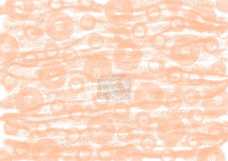 Abstract background of textured wavy lines and circles. The color is peach fuzz on white. Dotted texture. Circles of different sizes are randomly arranged. Tender, soft, delicate, sensual background.