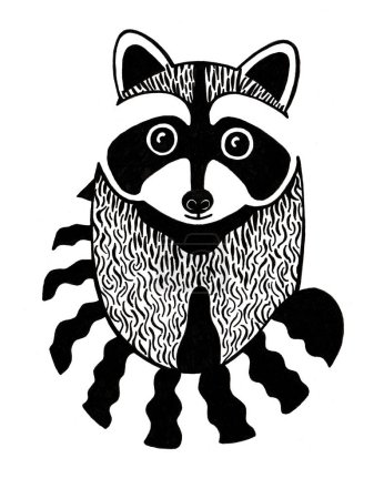Illustration of a raccoon isolated on a white background. The drawing is in black. Simplified stylized illustration. The animal is sitting, looking at the face. Different textures. Printmaking style.