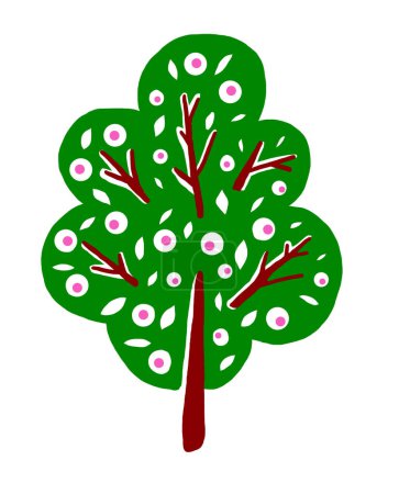 Photo for Illustration of a tree isolated on a white background. Simple drawing. Straight trunk and brown branches. Green crown with rounded shapes. In the middle are white circles with pink dots, white leaves. - Royalty Free Image