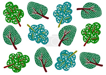 Set of decorative tree illustrations. Chaotically located on white background. Filled with various decor textures. Different shades of green and brown. Doodle. A simple drawing of branches and leaves.