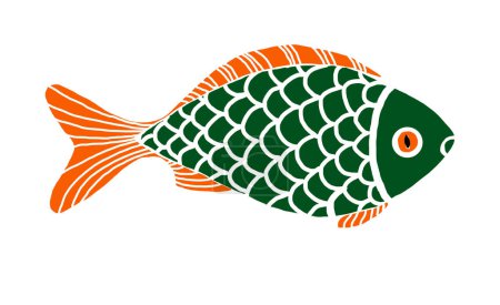 Téléchargez les photos : Illustration d'un poisson isolé sur fond blanc. Illustration stylisée simplifiée. La tête et les écailles sont vertes. Nageoires et yeux orange. Profil à droite. Style de gravure. - en image libre de droit