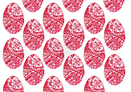 Pattern of Easter eggs filled with ornament. Red color. Eggs are regularly repeated in checkerboard pattern on white background. Geometric ornament, lines, zigzags, rhombuses, waves. Linocut. Print.