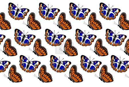 Photo for Pattern of butterflies on white background. Realistic, stylized illustrations. Top and profile view. Black outline drawing. Filled with orange and blue decor. They are repeated in checkerboard order. - Royalty Free Image
