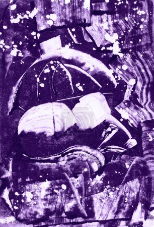Abstrakte Illustration. Monotype. Weiße Flecken, Punkte, Unschärfe auf violettem Hintergrund. Zufallsbilder. Maus unterm Regenschirm, Regen. Drucktechnik. Psychologie, Psychedelik, psychische Gesundheit.