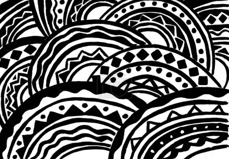 Abstract background of geometric ornament of black color on white. Background consists of semicircles filled with various ornaments. Lines, wavy lines, zigzags, circles, triangles. Printmaking style.