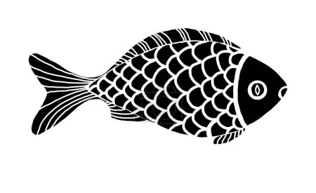 Téléchargez les photos : Illustration d'un poisson isolé sur fond blanc. Illustration stylisée simplifiée. Échelles décoratives, nageoires, tête. Le dessin est en noir. Profil à droite. Style de gravure. - en image libre de droit