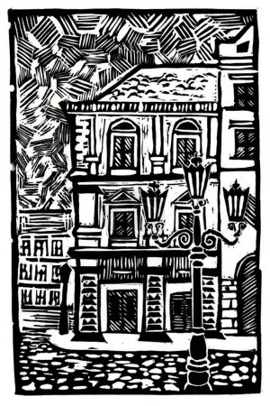 Illustration of an old city. Linocut. Black and white. Stylization, many details. Lantern, old houses, cobblestones. The sky is filled with strokes. Old European city. Postcard. Printing technique.