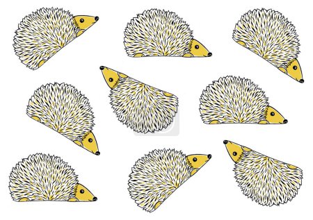 Photo for Set of hedgehogs chaotical located on white background. Stylized illustrations of animals. Black outline drawing. Black and yellow wavy lines texture of needles. Yellow filling on legs, head. Profile. - Royalty Free Image