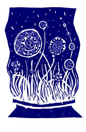 Illustration of decorative flowers and herbs. Blue and white color. Below is a vase or a pot. White lines of flowers and grass emerge from there. Round, filled with ornamental flowers. Linocut. Print