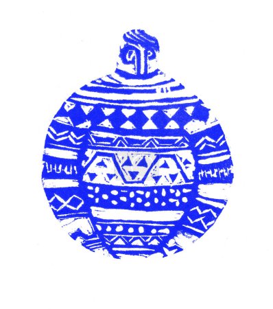 Illustration of ball is filled with blue ornament. Isolated on white background. Decorative drawing of man in a sweater or Christmas tree decoration. On top of the ball is oval of the face. Linocut.