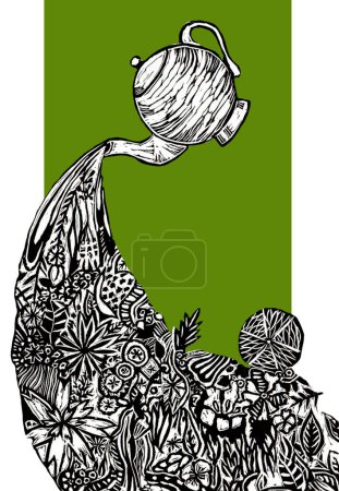 Photo for Abstract illustration. A teapot pouring tea from flowers, herbs. Many decorative details. Linocut. Black and white on a green background. Printmaking style. Postcard, poster, illustration. - Royalty Free Image