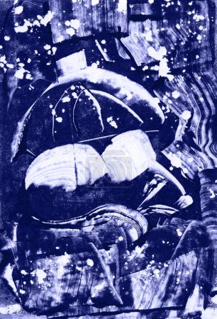 Abstract illustration. Monotype. White spots, dots, blur on blue background. Random images. Mouse under an umbrella, rain. Printmaking technique. Psychology, psychedelic, mental health.