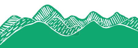 Panorama of mountains. Stylized illustration. Green on a white background. Different plans, which are distinguished by strokes of different sizes and directions. Printmaking style.