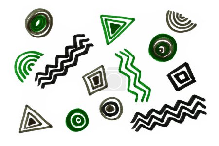 Photo for Abstraction. Different geometric shapes. Drawn with many lines on a white background. Black, gray, green colors. Marker drawing. Hand drawn. - Royalty Free Image
