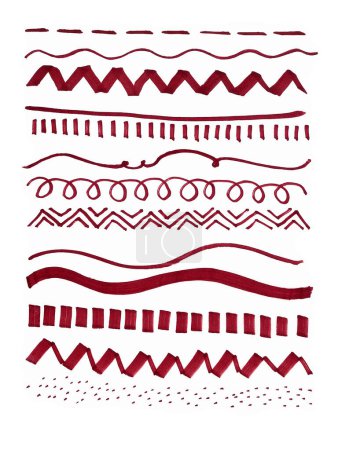 Various brown graphic lines on a white background. Dash, waves, straight lines, zigzags, dots, squiggles, vertical stripes and dashes. Marker drawing. Different shades of red brown color.