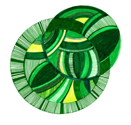 Abstrakte geometrische Form isoliert auf weißem Hintergrund. Besteht aus vielen Elementen. Verschiedene Schattierungen von grün, gelb. Überschneidende Kreise. Gefüllt mit verschiedenen Streifen und Strichen, geometrischen Formen.
