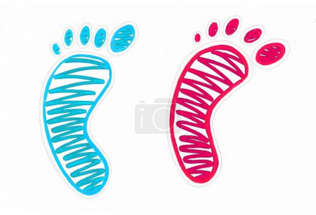 Photo for Two foot feet isolated on white background. The drawing is a thin black outline, the inside is filled with chaotic strokes. One foot is blue, the other is pink. Baby shower. Decor. - Royalty Free Image