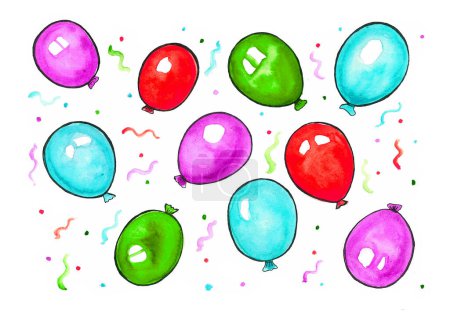 Pattern of colored balloons and confetti on a white background. Watercolor and black outline. White highlights on the balls. Wavy lines and dots. Pink, green, blue, red colors.