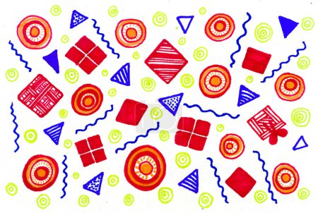 Abstraktion von geometrisch gefärbten Formen auf weißem Hintergrund. Rot, blau, orange, hellgrün. Kreise, Dreiecke, Quadrate, Rauten, Wellenlinien und Punkte. Geschenkpapier.