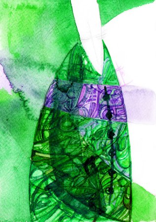 Abstract illustration. Different shapes filled with details and watercolor blur. Different shades of green, purple, white. Oval filled with decorative details. White stripes and fills around.